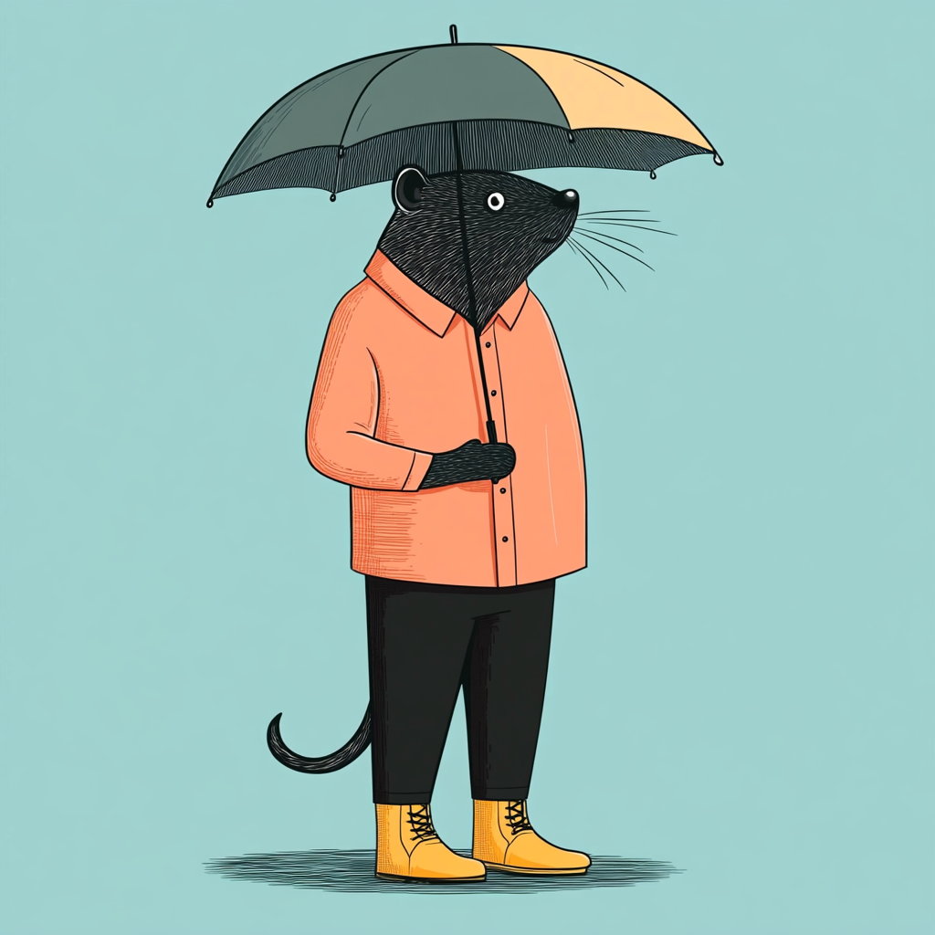 A Mole Character Under Umbrella - Flat Illustration