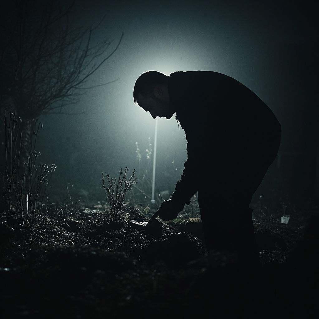 A Moody Night: Man Digging Grave Silhouette