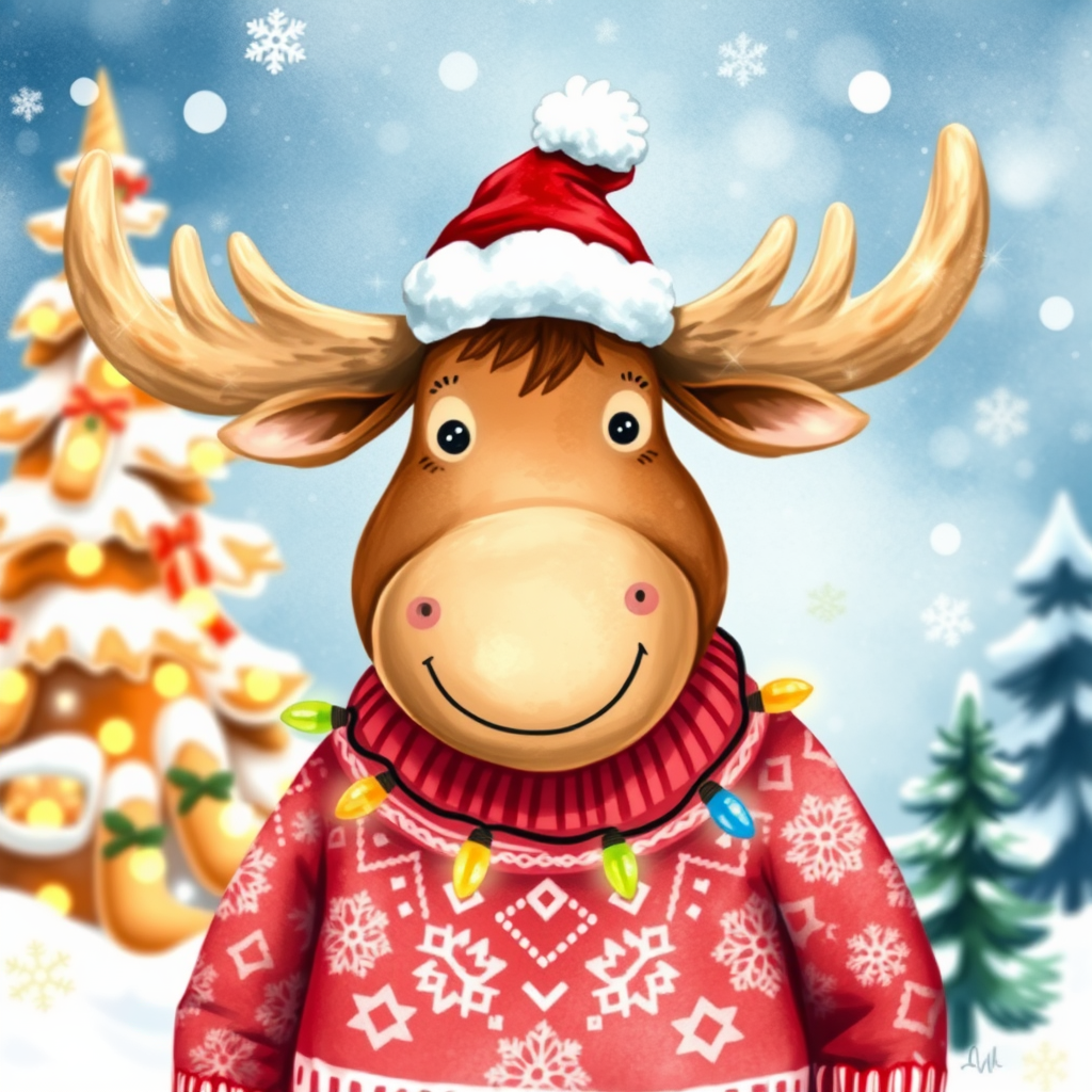 A Moose in Christmas Sweater on Winter Background