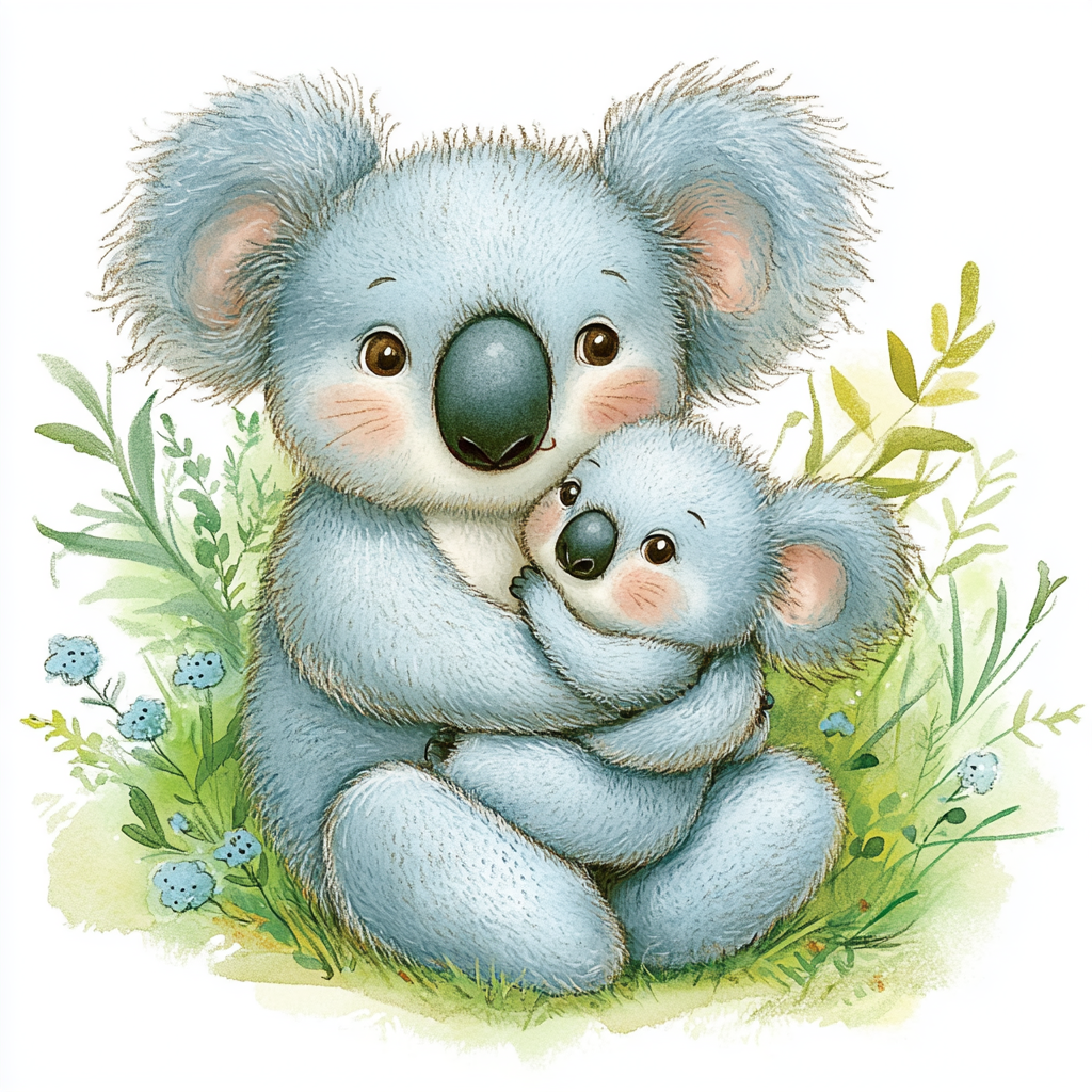 A Mother Koala Holds Baby in Watercolor