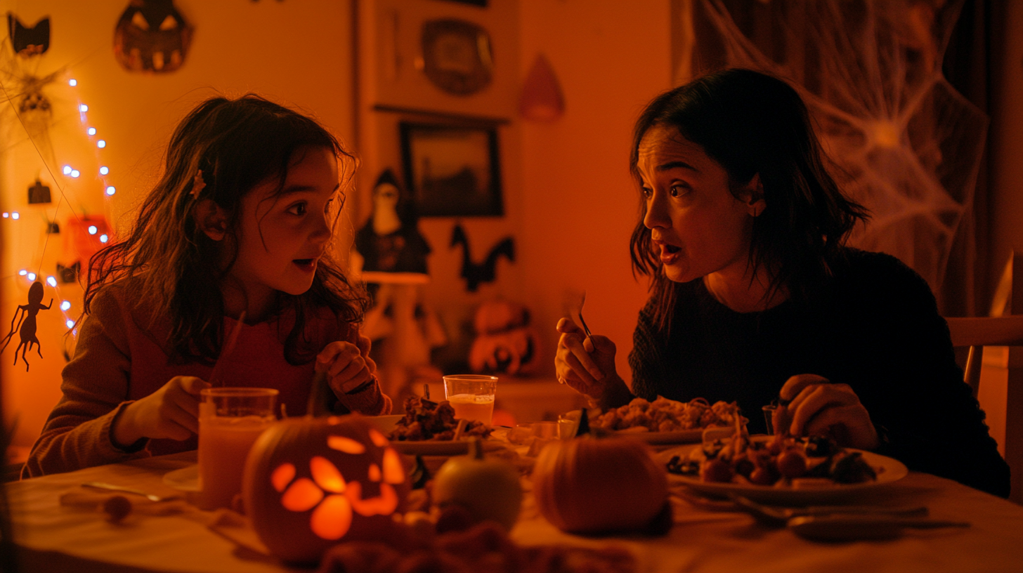 A Mother and Daughter Enjoy Halloween Festivities at Table.