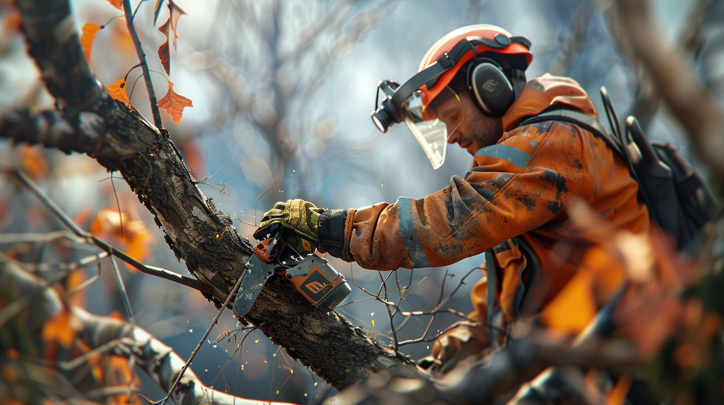 A Mountain Climber Trims Tree Branches in Nature.