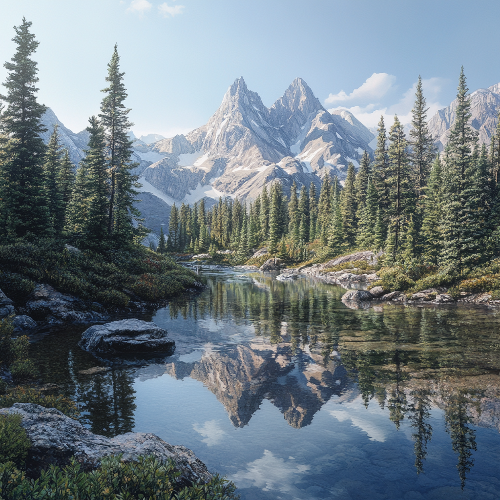 A Mountain Scene with River, Peaks, Pine Trees