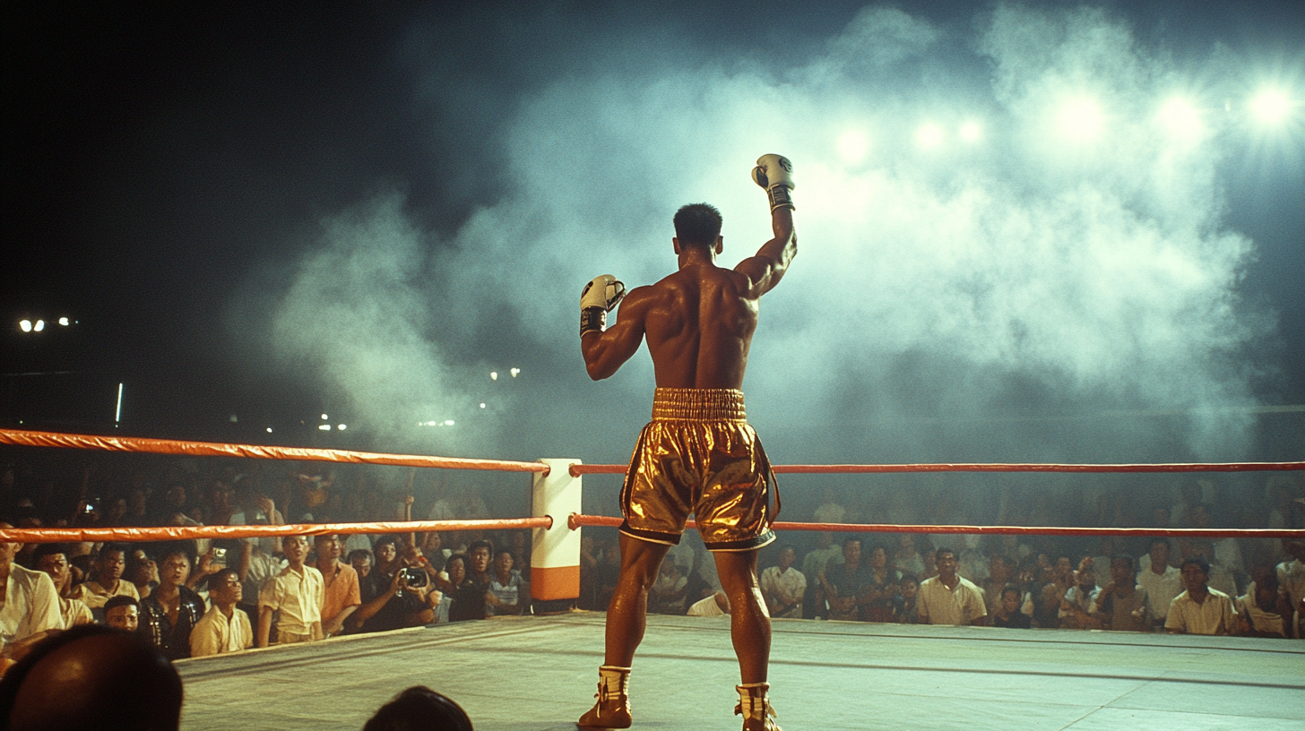 A Muay Thai fighter celebrates victory in Thailand