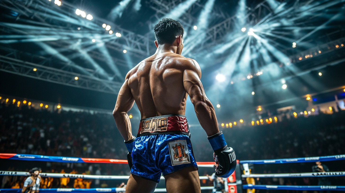 A Muay Thai fighter leaving the ring victorious