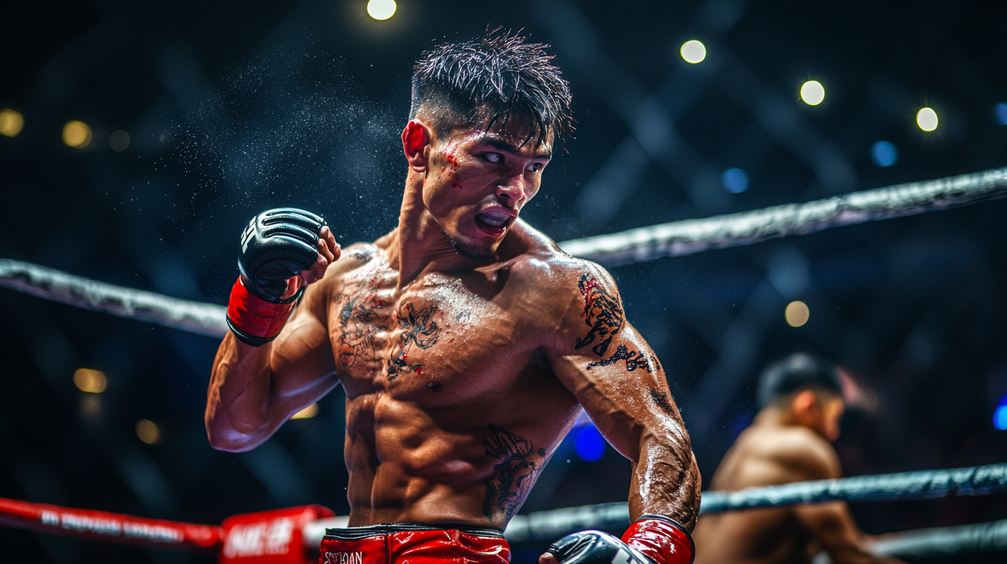 A Muay Thai fighter leaving the ring victoriously