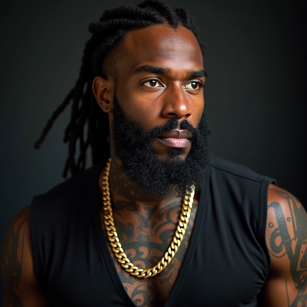 A Muscular Jamaican Man with Dreadlocks and Tattoos