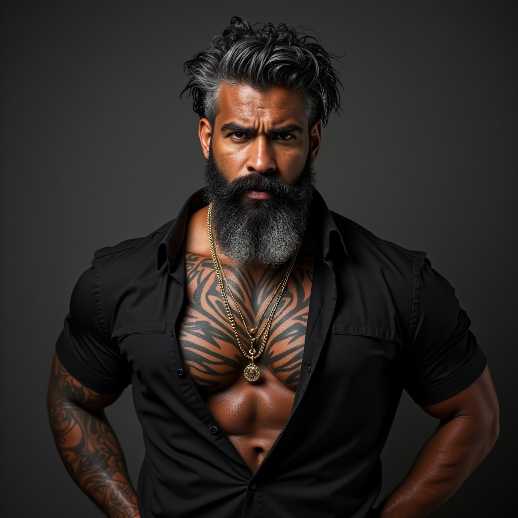 A Muscular Man with Grey Beard and Gold Chain