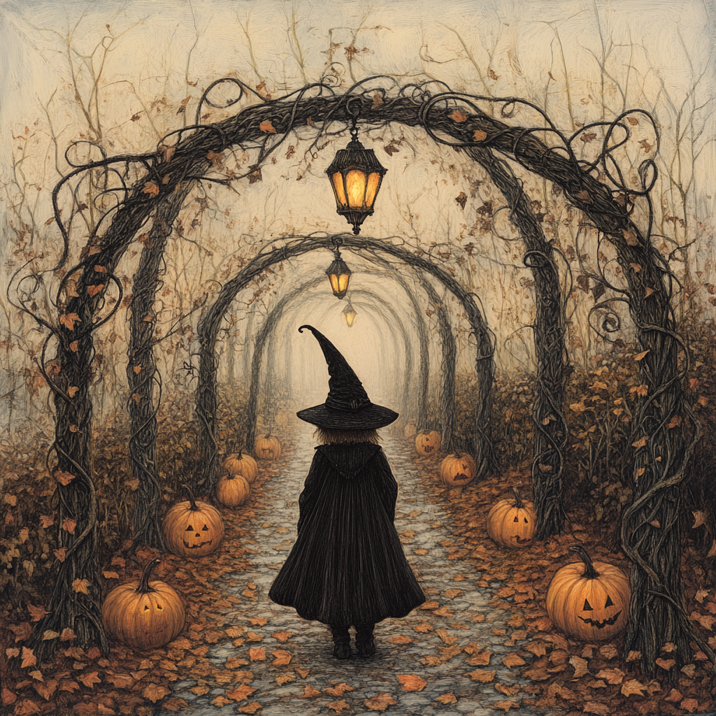 A Mysterious Autumn Pathway: Child in Witch's Robe