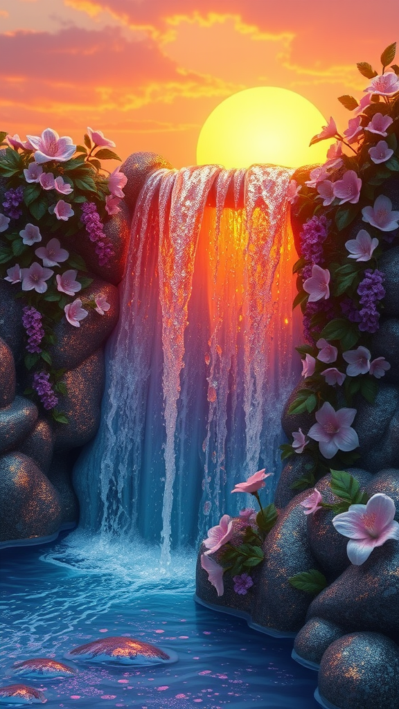 A Mystical Sunset Waterfall with 3D Flowers