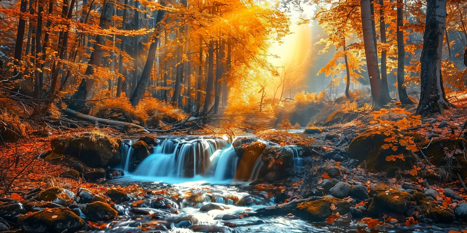 A Nature Scene with Trees and Stream in Autumn