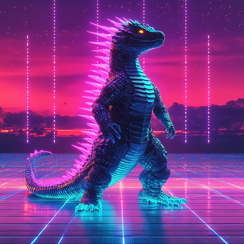 A Neon Synthwave Dragon in 80s Style Sunset