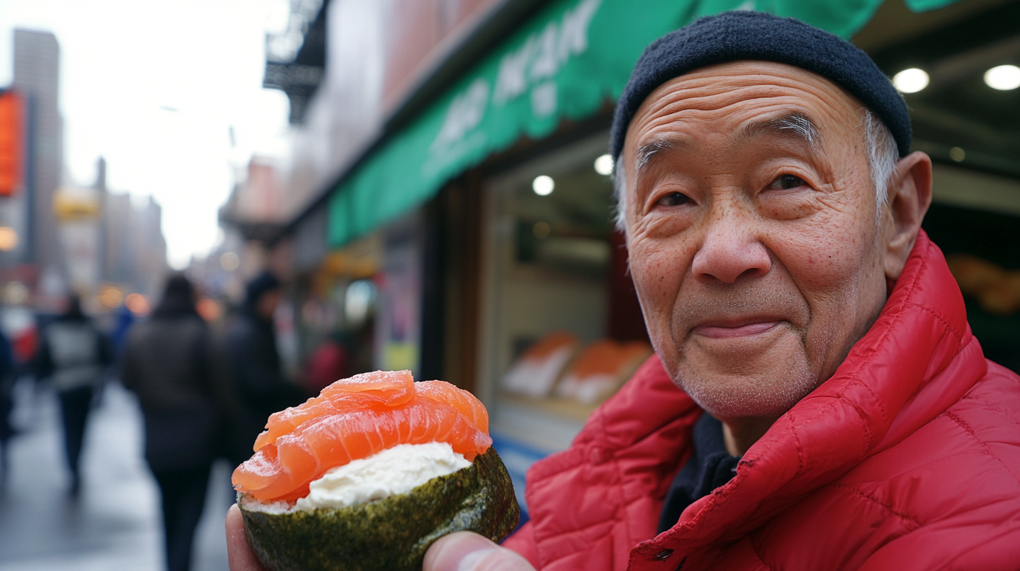 A New Yorker with red clothes holds special sushi bagel.