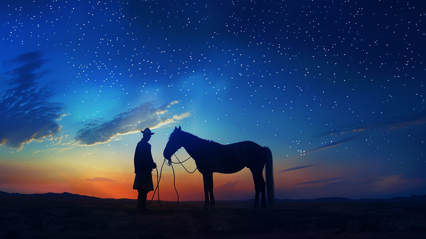 A Nomad Man and Horse in Starry Sky