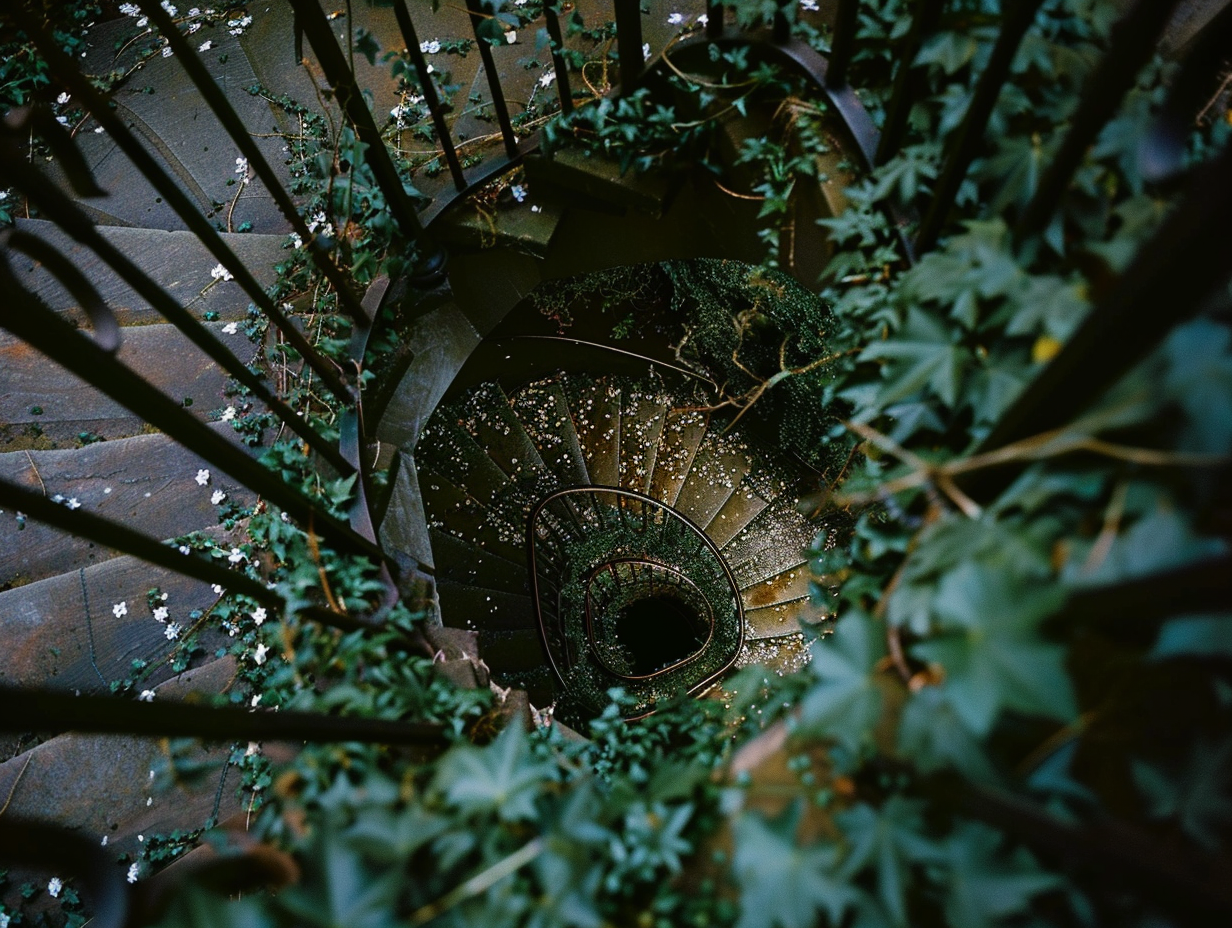 A Nostalgic Spiral Staircase Under Summer Foliage