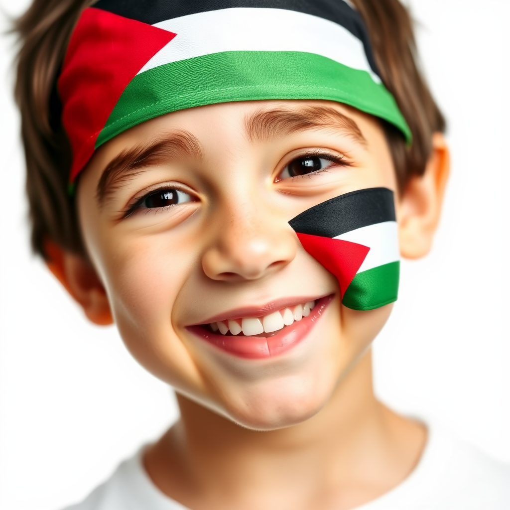 A Palestinian Boy Smiling with Flag on Cheek.