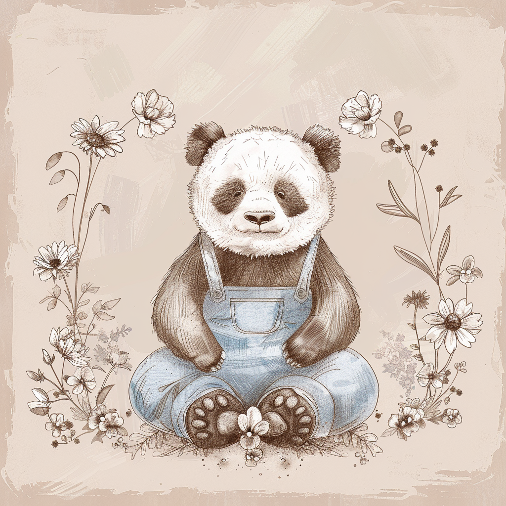 A Panda in Blue Overalls Surrounded by Flowers