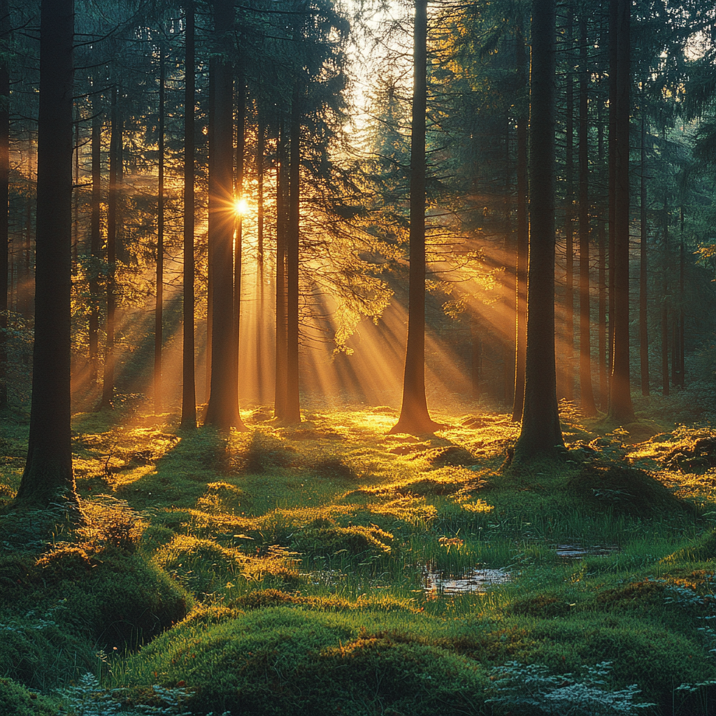 A Peaceful Forest in Morning Sunlight