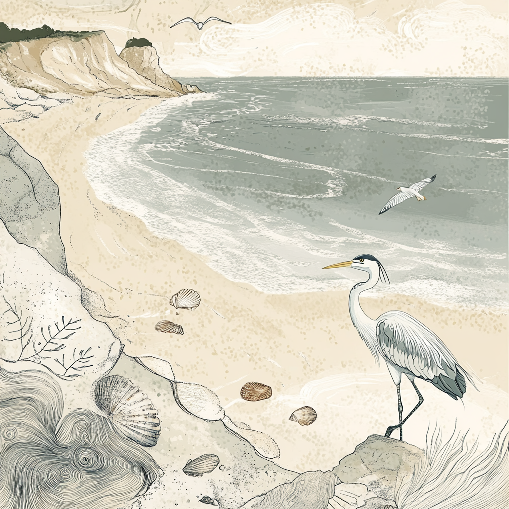 A Peaceful French Coast with Seashells and Birds