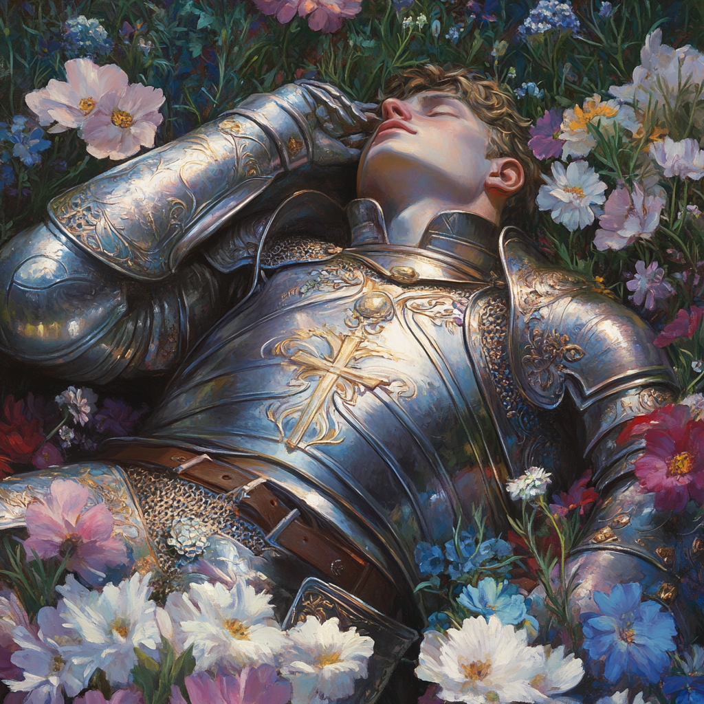 A Peaceful Knight Resting Among Colorful Flowers