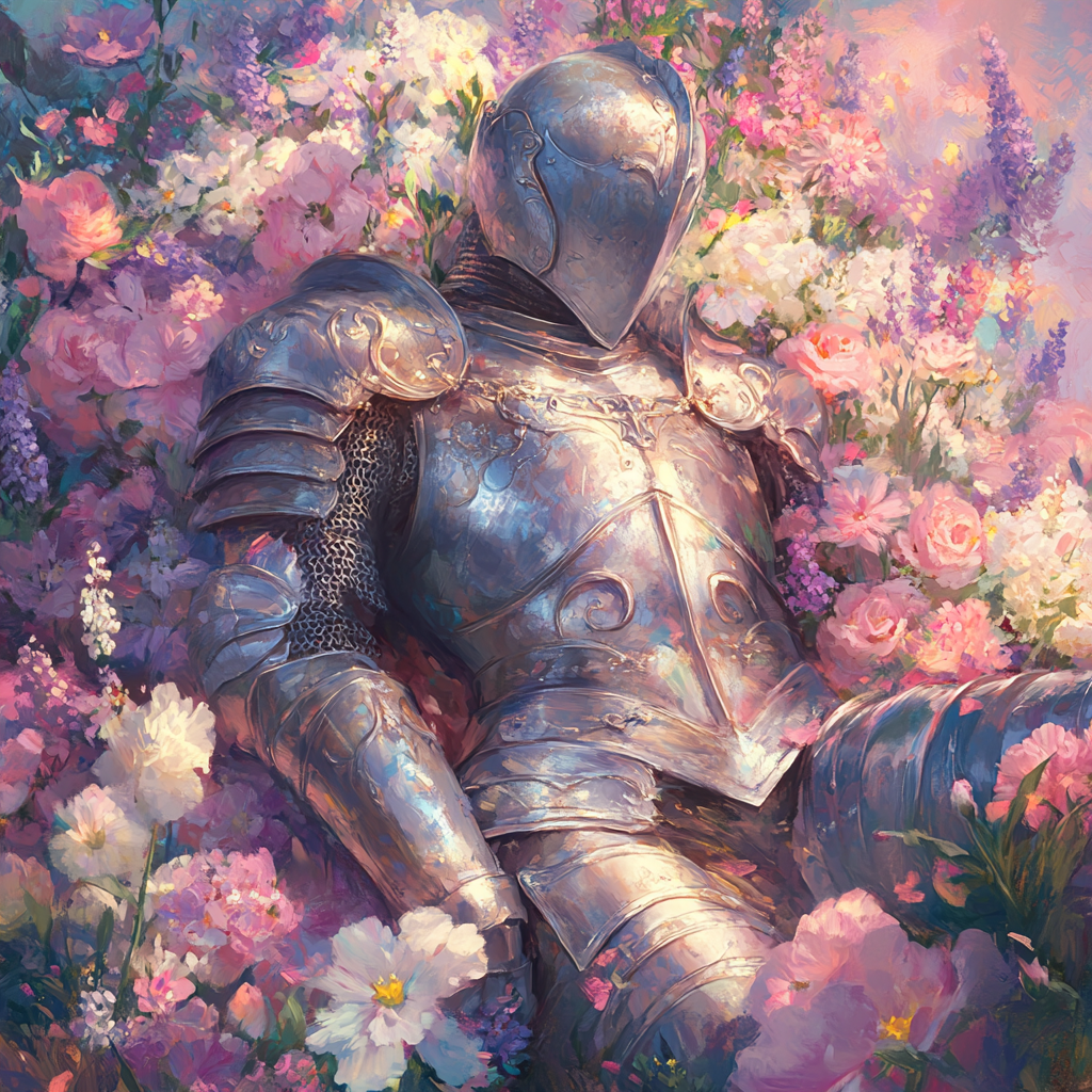 A Peaceful Knight Resting Among Pastel Flowers