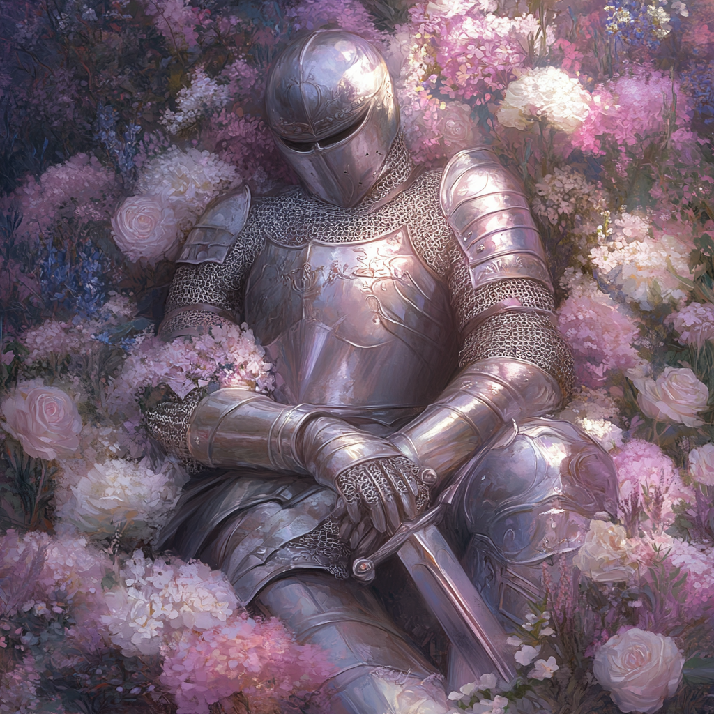 A Peaceful Knight Resting Among Vibrant Flowers