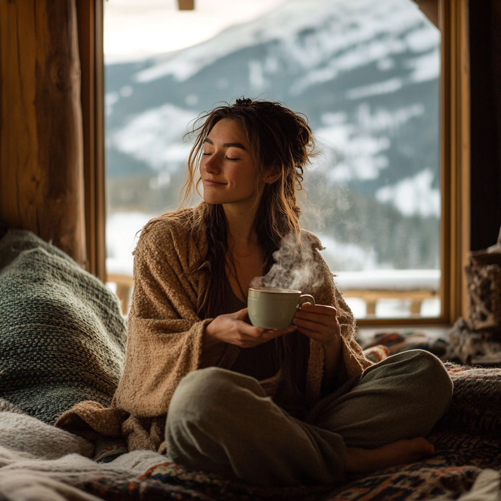 A Peaceful Morning with Woman Enjoying Tea