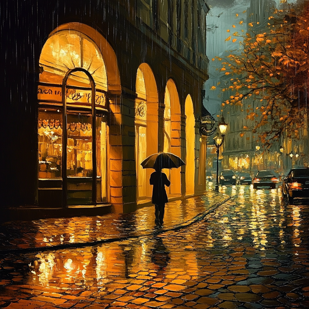 A Peaceful Rainy Night in European City