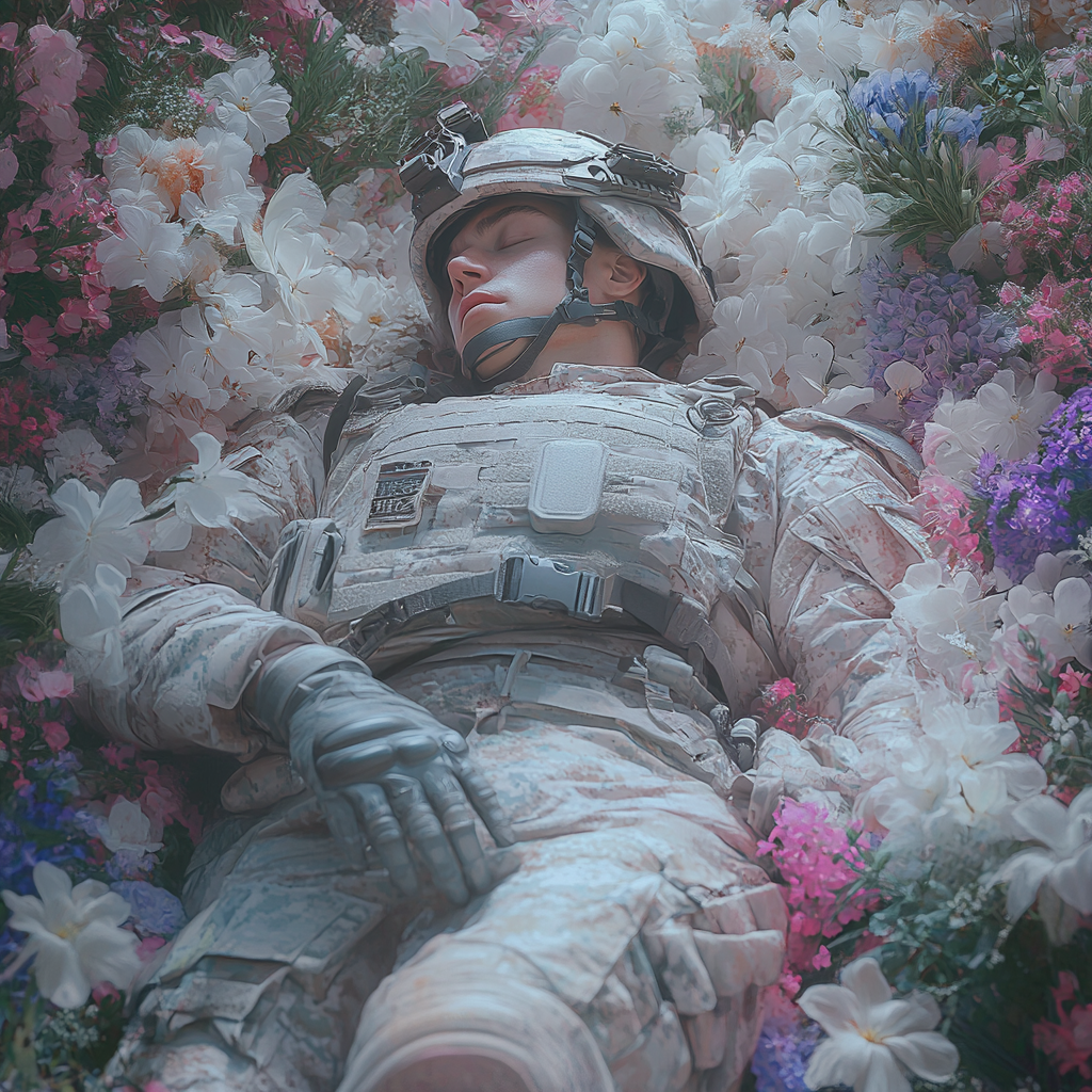 A Peaceful Soldier Resting Surrounded by Blooming Flowers