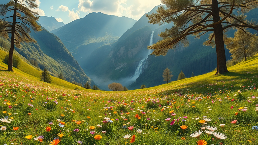 A Peaceful Valley with Colorful Flowers and Waterfall.