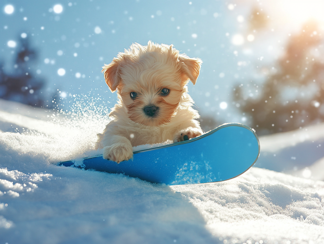 A Pekinesen puppy snowboarding on a sunny day.