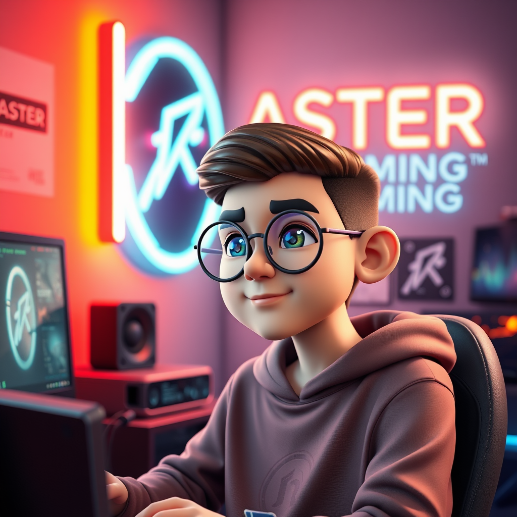 A Persian Boy in Neon-lit Gaming Room