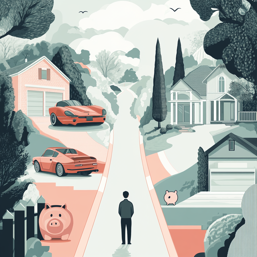 A Person Faces Two Paths: Luxury vs. Savings