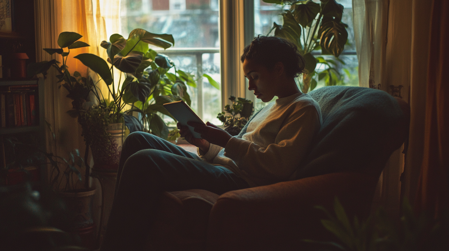 A Person Reading on Tablet in Cozy Room