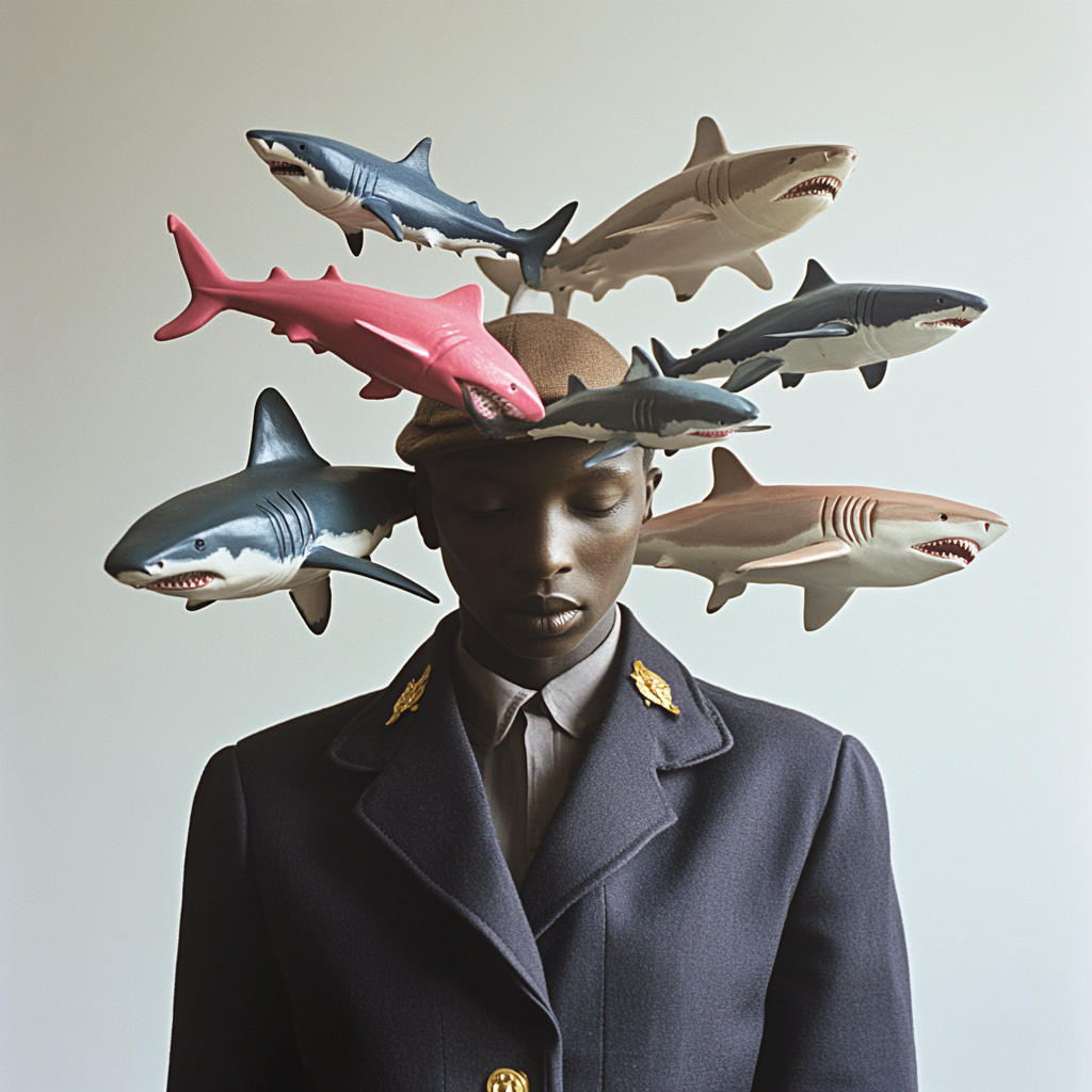 A Person in Uniform Surrounded by Toy Sharks