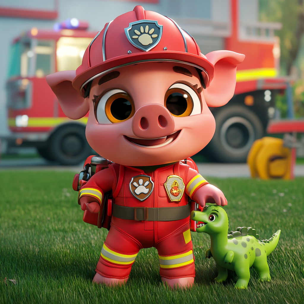 A Pig Firefighter Ready for Rescue Adventure