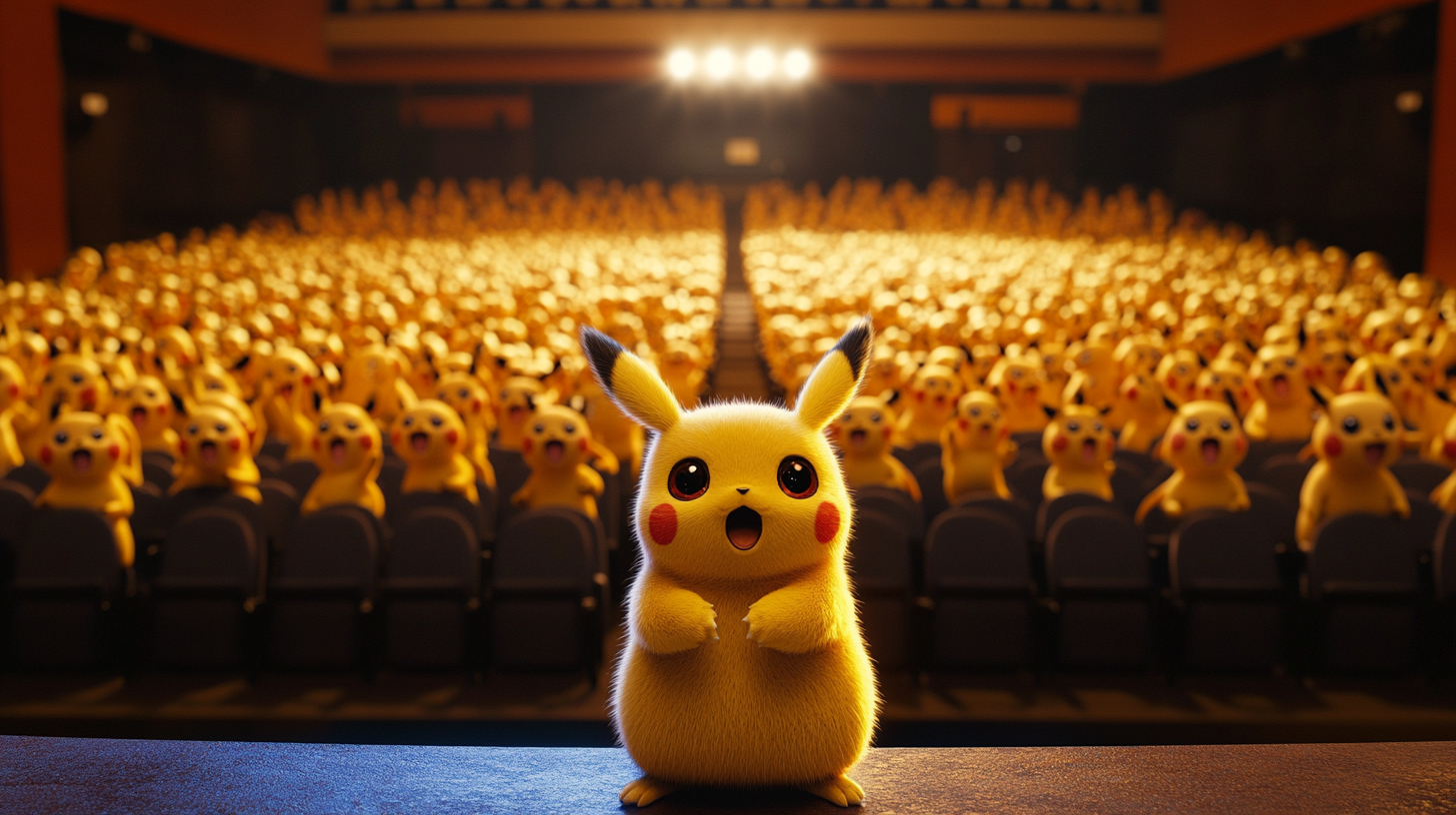 A Pikachu giving speech in front of audience.