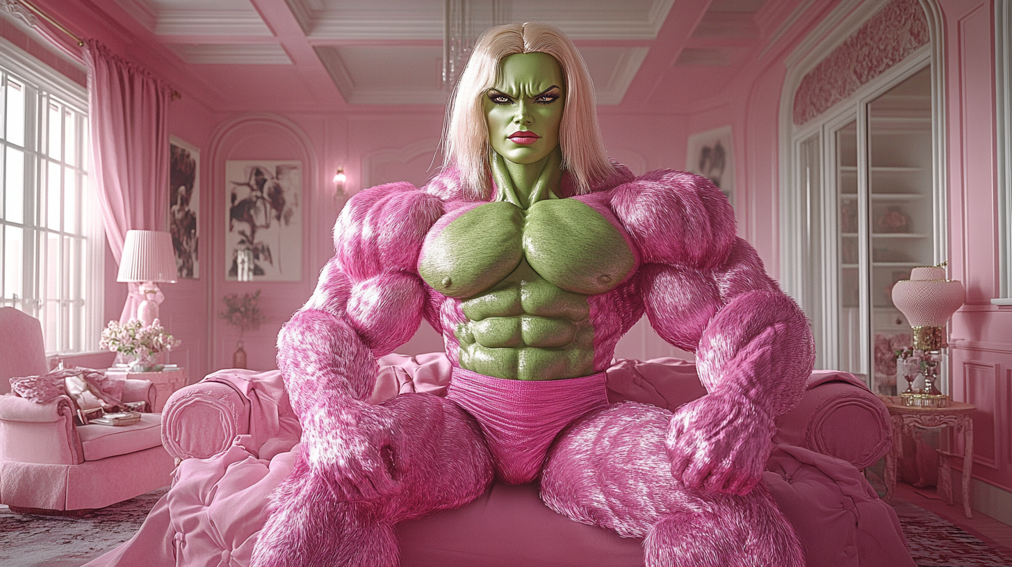 A Pink Barbie Turns into Green Hulk