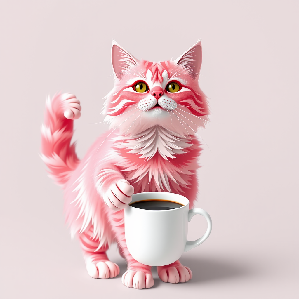 A Pink Cat Standing with Coffee Mug