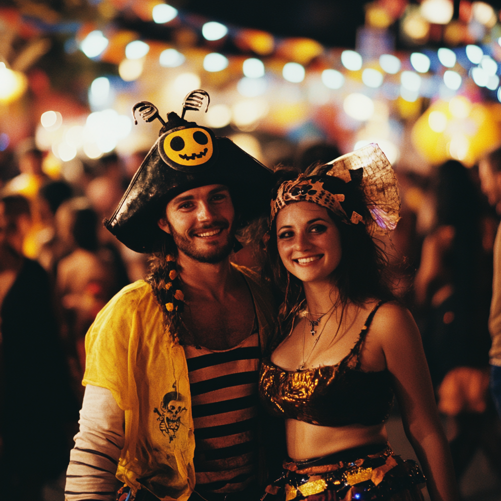 A Pirate and Bee stumble among Halloween crowd