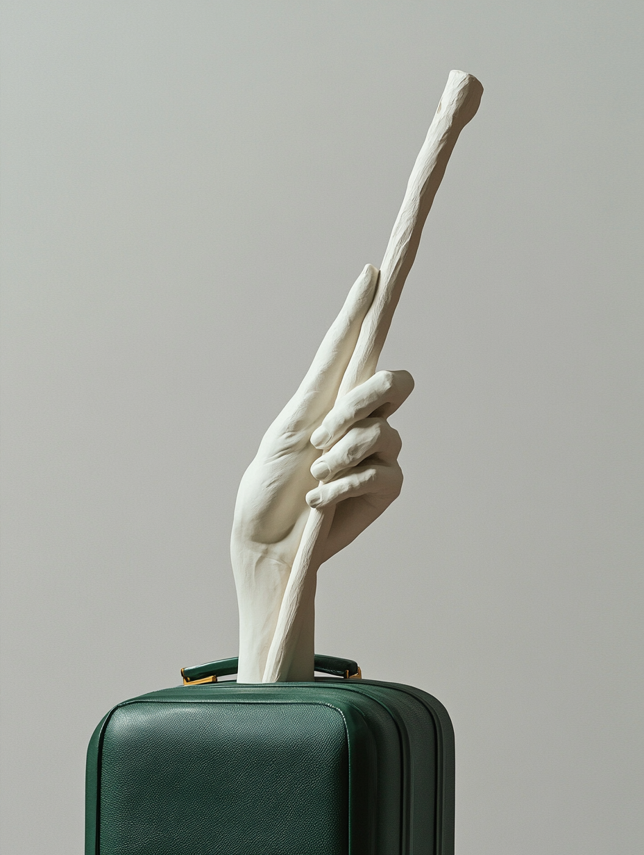 A Plaster Hand Climbing Out of Emerald Suitcase