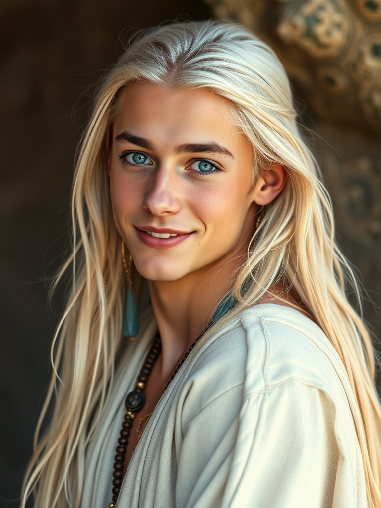 A Platinum-Haired Man in White Ethereal Attire