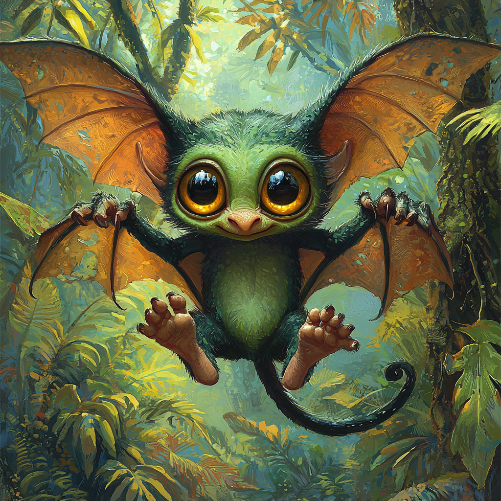 A Playful Green Creature in a Vibrant Forest