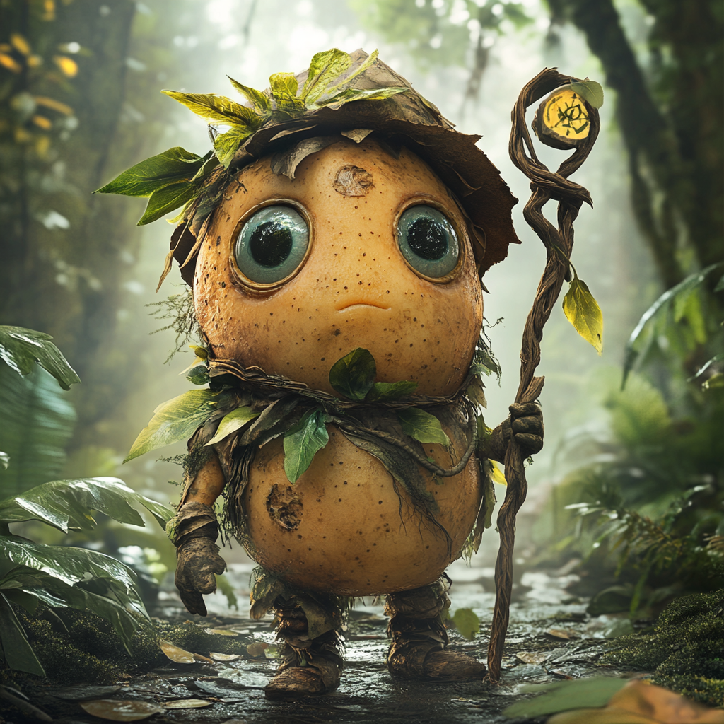 A Playful Potato Adventurer Explores Lush Jungle