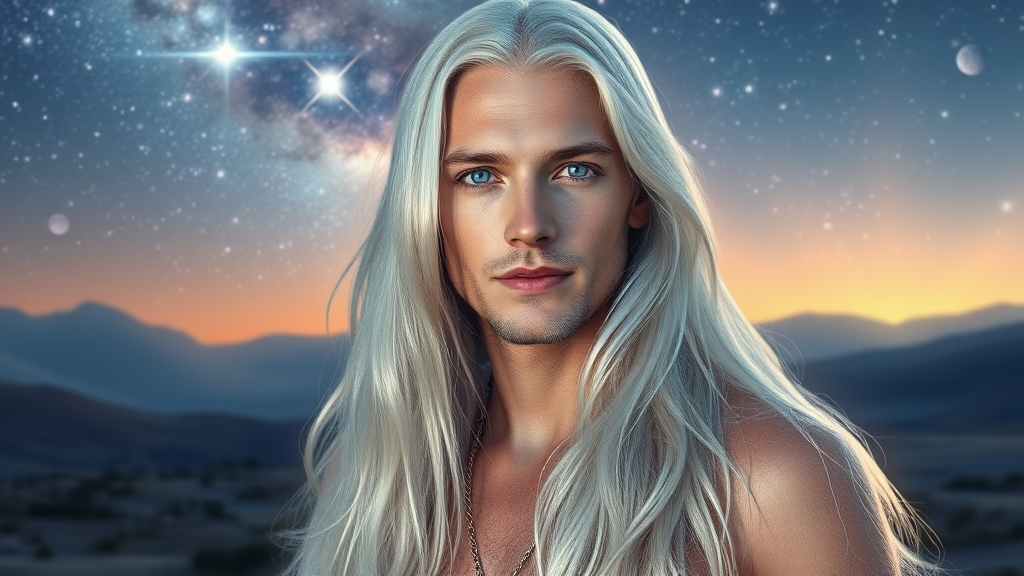 A Pleiadian Man Amidst Cosmic Landscape of Wisdom