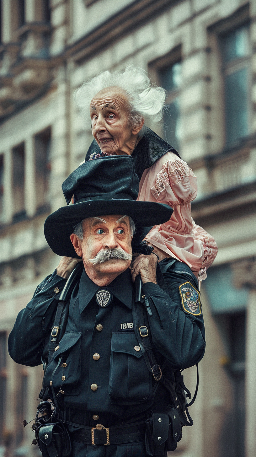 A Policeman Carrying Grandma Through Streets, Smiling.