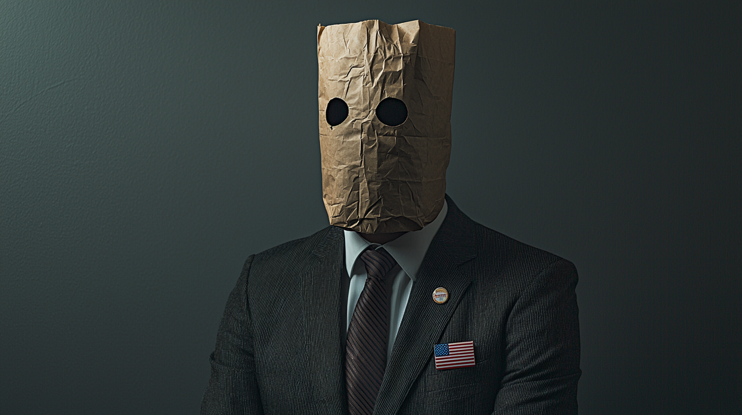 A Politician Wearing a Fancy Suit With a Paper Bag Mask