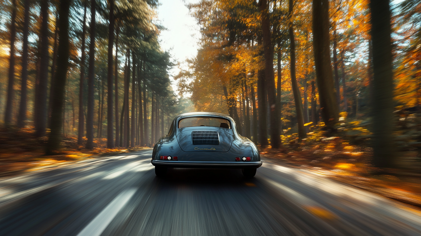 A Porsche 356 Speeding Through a Spring Forest