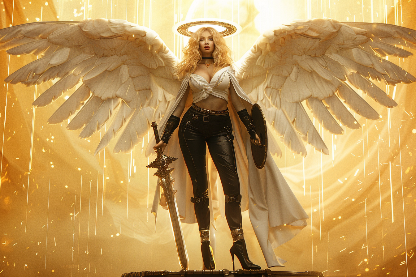 A Powerful Female Angel with Sword and Shield