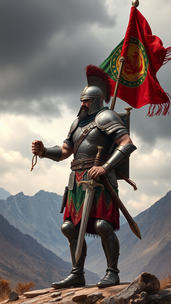 A Powerful Sassanian Soldier with Flag and Spear